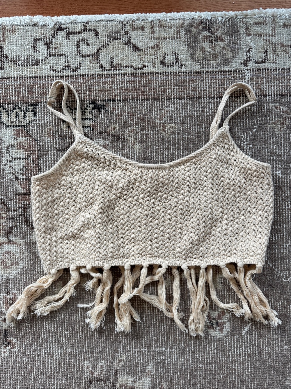 Crochet Fringe Crop Tank Top - Cream